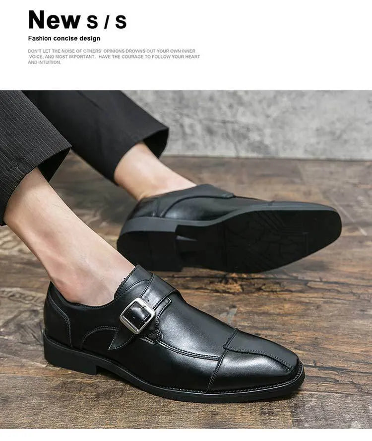 Men's brown blue and black British retro style casual shoes with buckle closure and tall crown