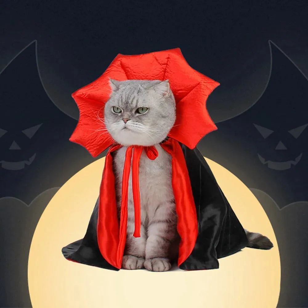 Halloween vampire cloak costume for small pets on mannequin showing kawaii design elements
