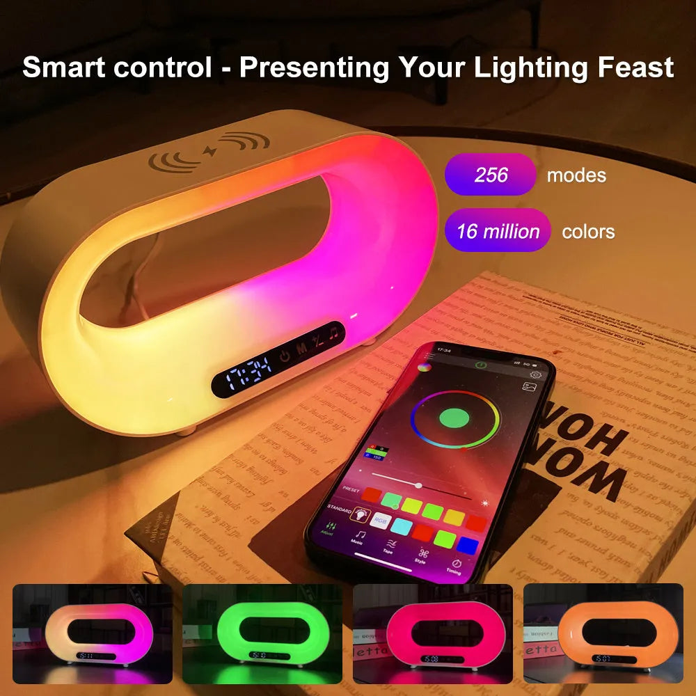 White smart LED desk lamp with wireless charging pad and alarm clock display in 3-in-1 design