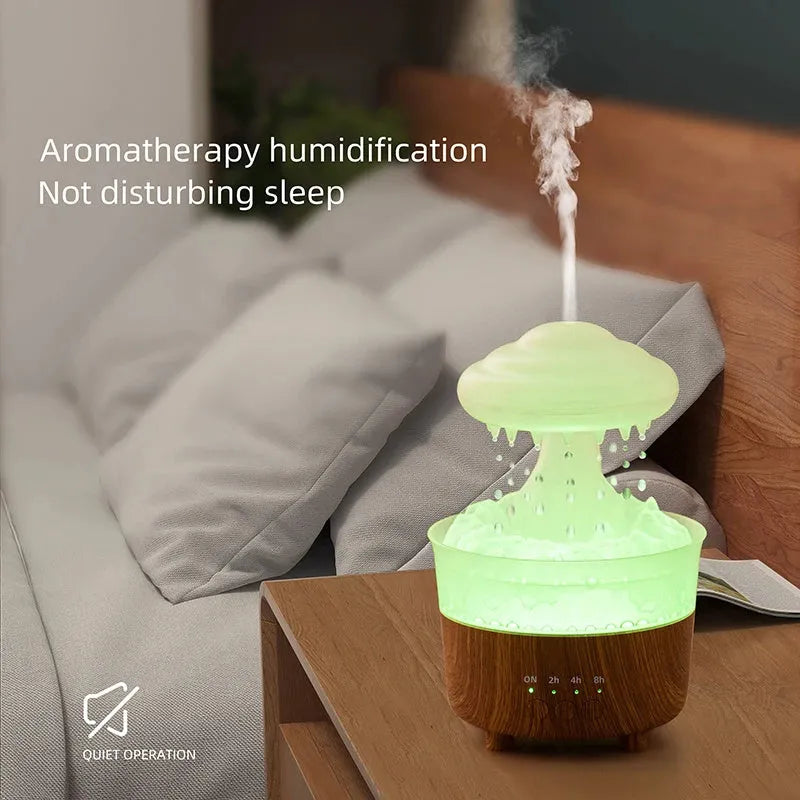 Rain cloud shaped humidifier with wood grain finish and LED night lights in column design