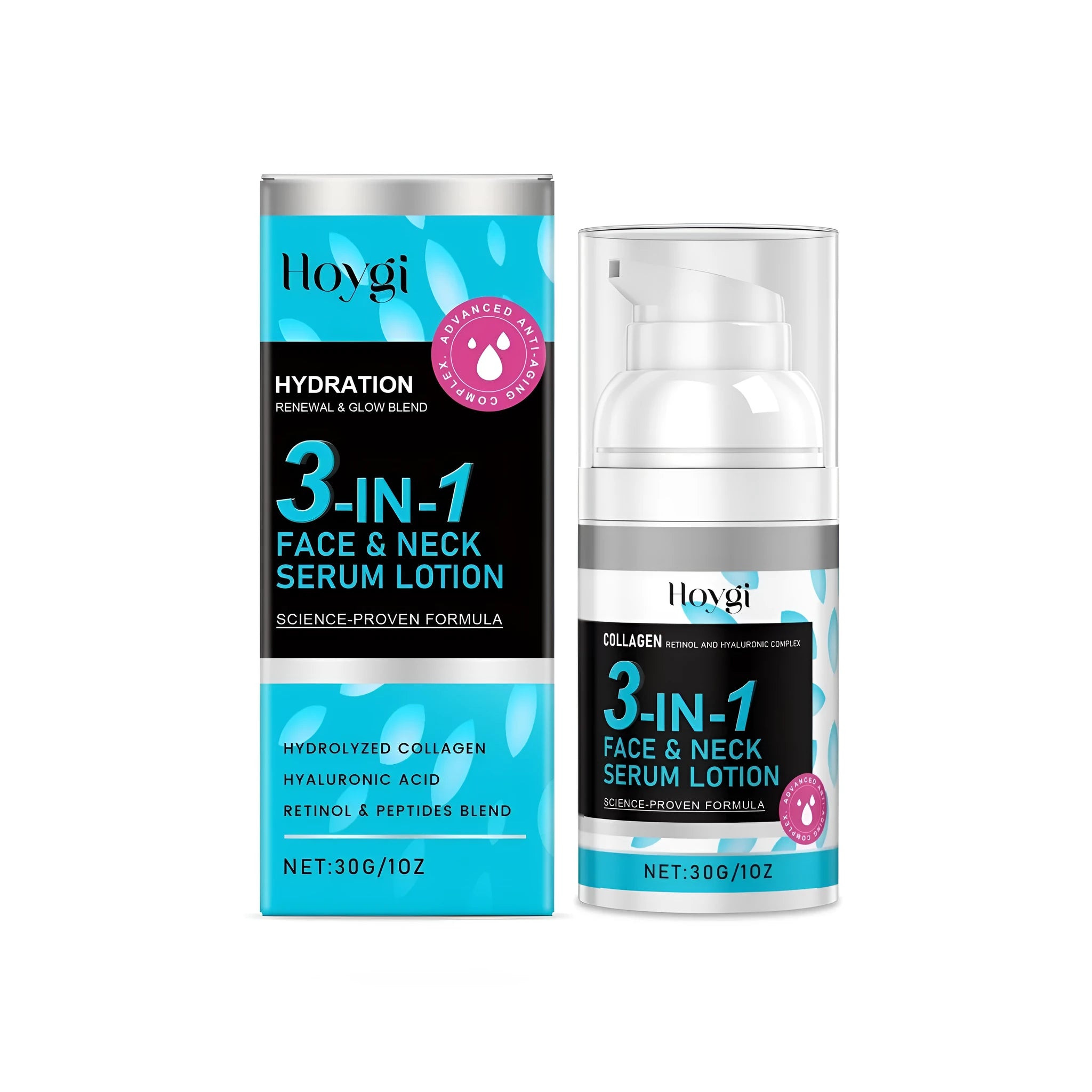 30g bottle of 3-in-1 face neck serum lotion with collagen retinol hyaluronic acid
