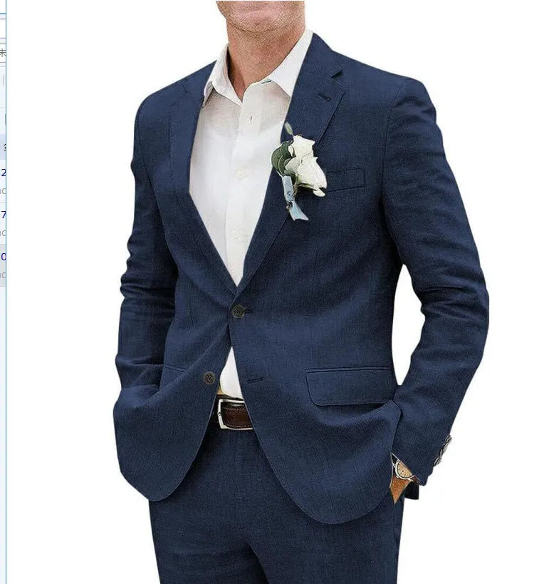 Men's slim fit two-piece suit in a linen blend fabric for business and banquet events.