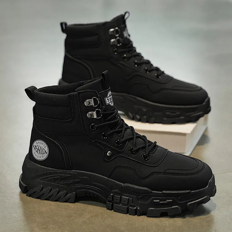 Men's black and yellow Martin work boots with mid-calf height and artificial PU upper