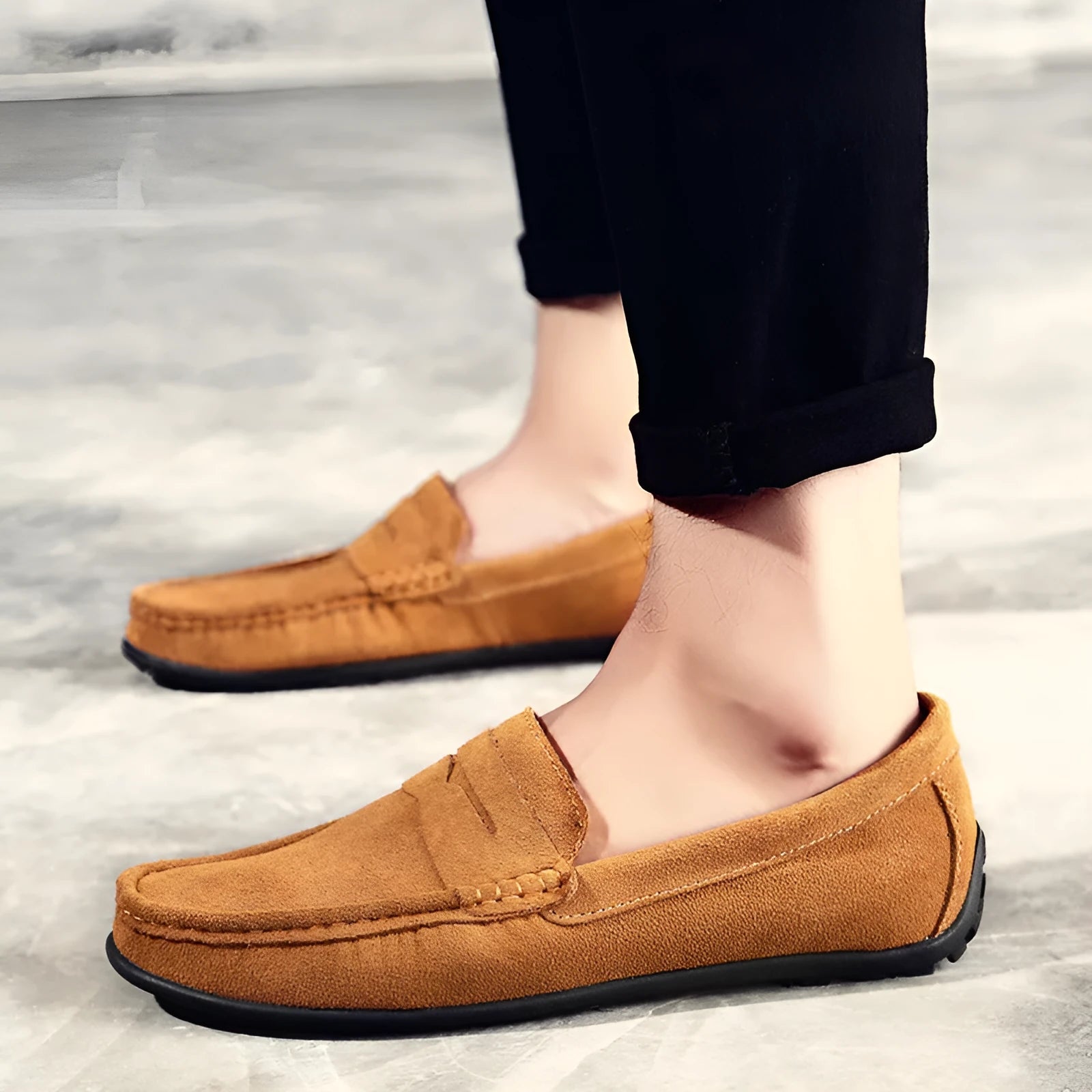 Men's suede leather Gommino-style slip-on casual shoes in brown, shown from the side.