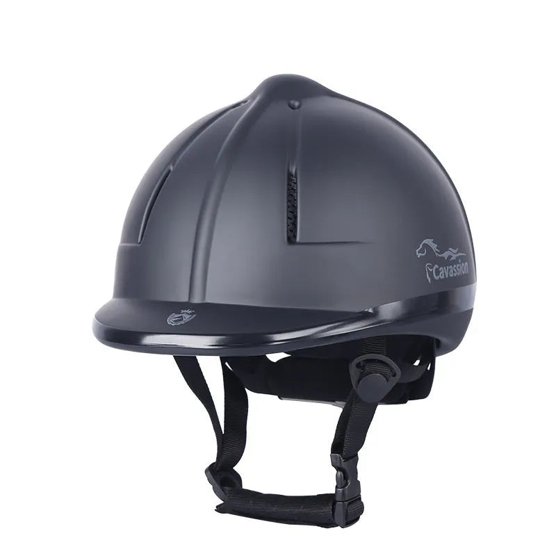 Black adjustable equestrian helmet for head protection in riding and cycling