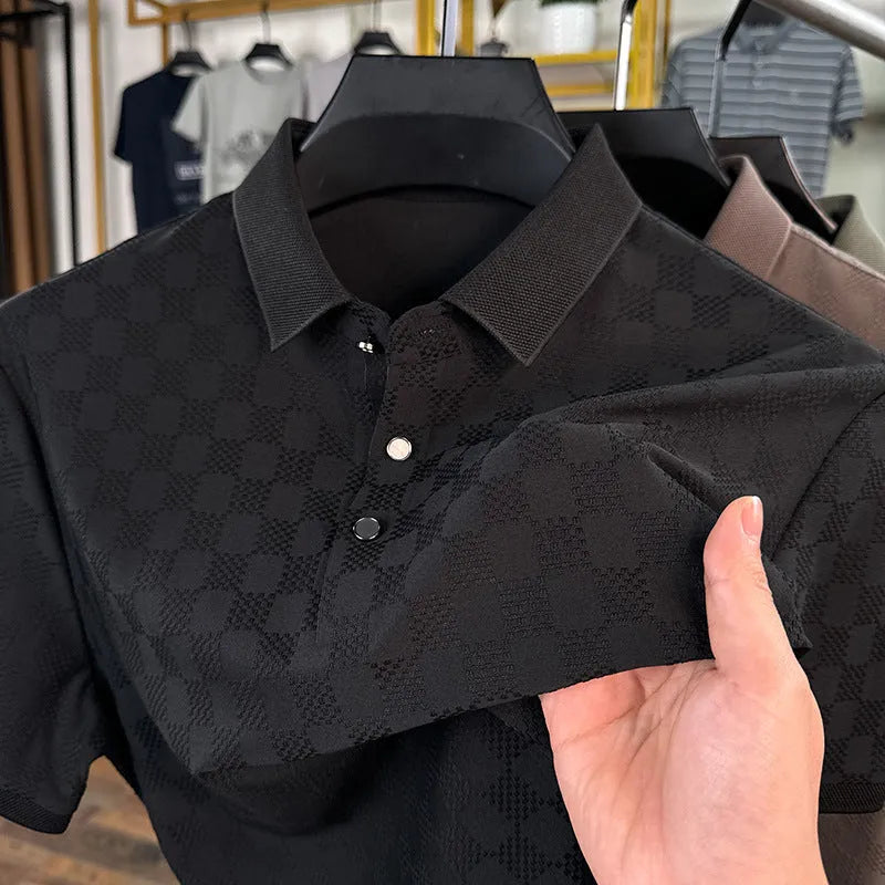 Rhombus brand thin ice silk short sleeve T-shirt for men in black, showing slit hem detail.