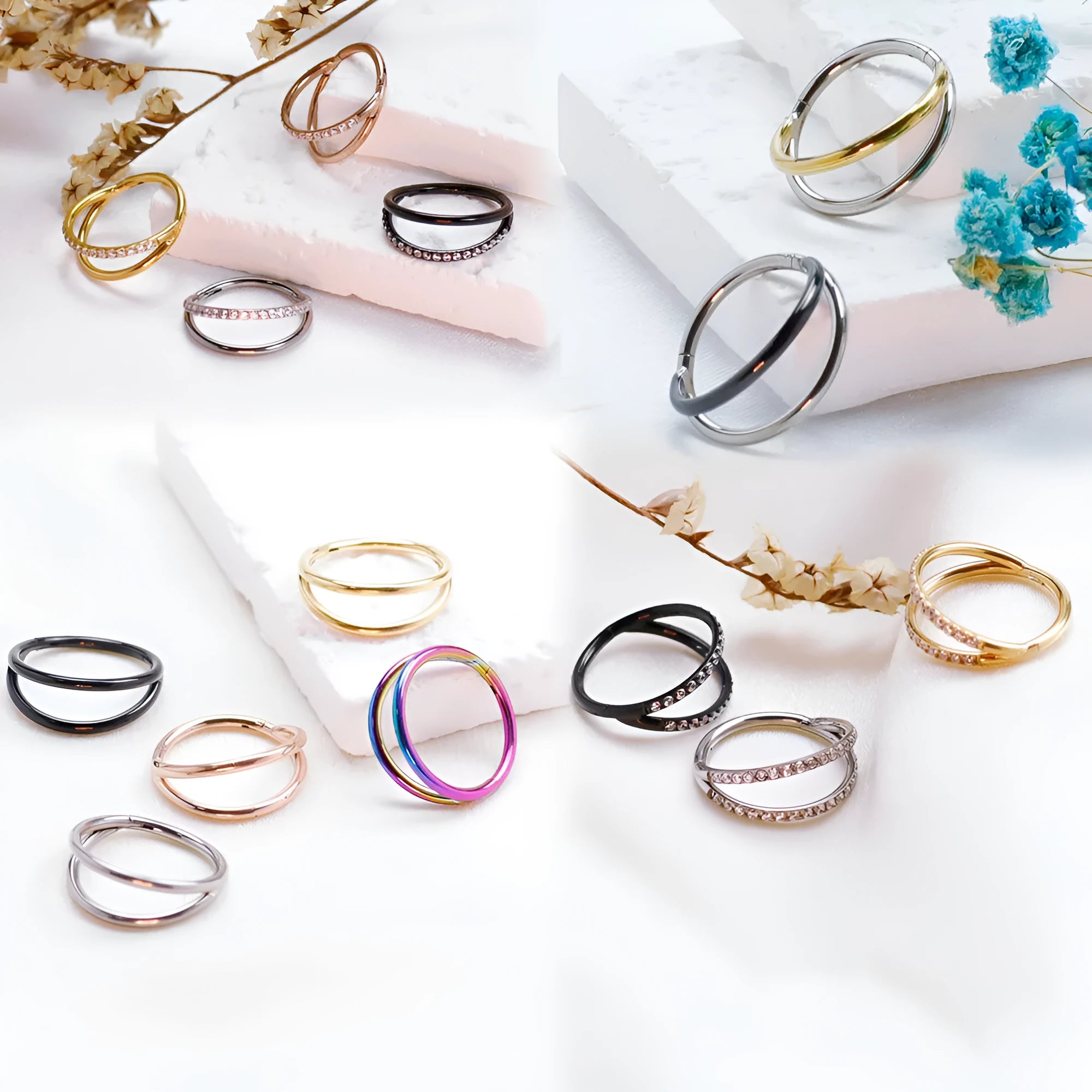 F136 titanium alloy nose ring stud shown in silver, gold, black and rose gold finishes.
