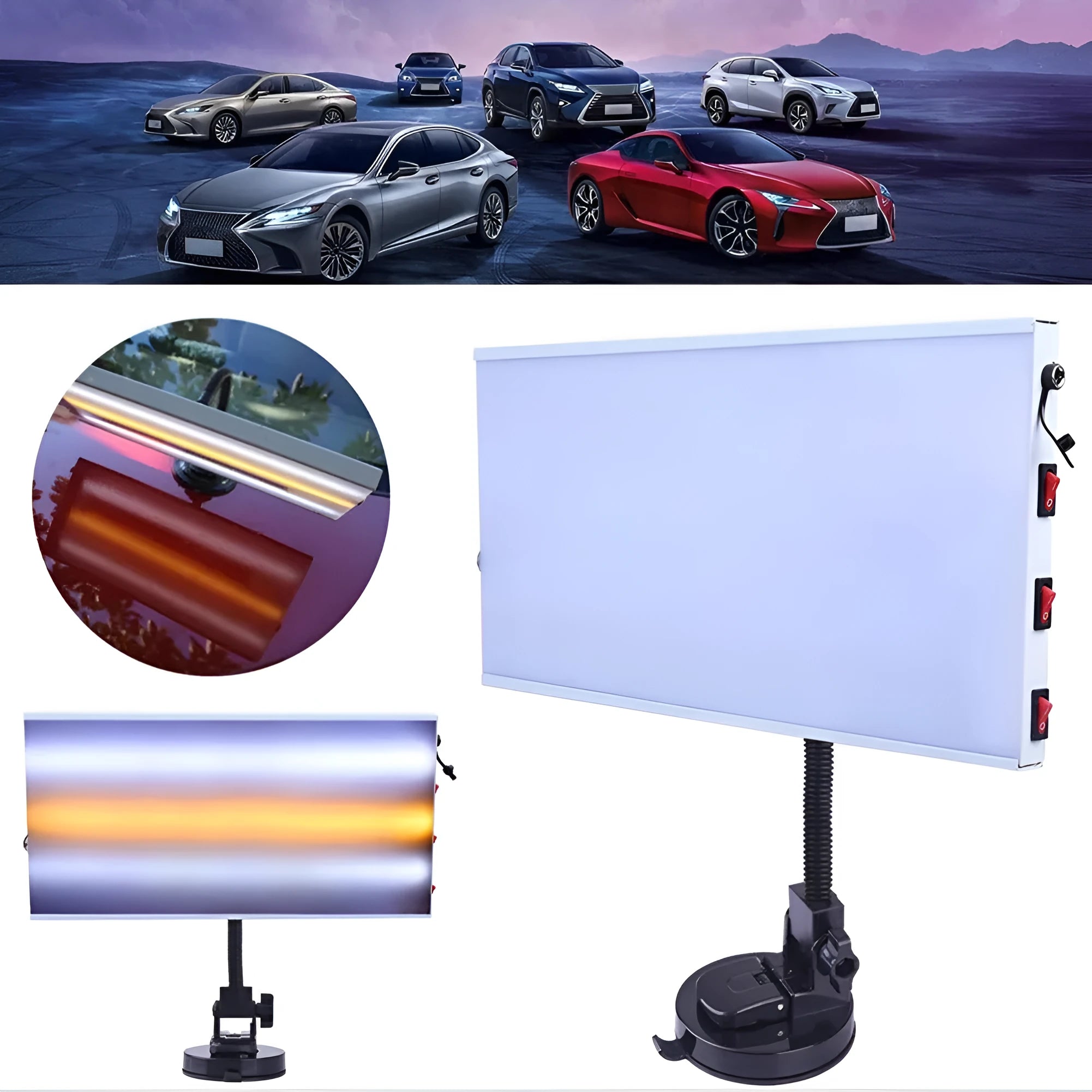 White MPT X009 car dent repair detector suit and concave inspection light on a workbench.
