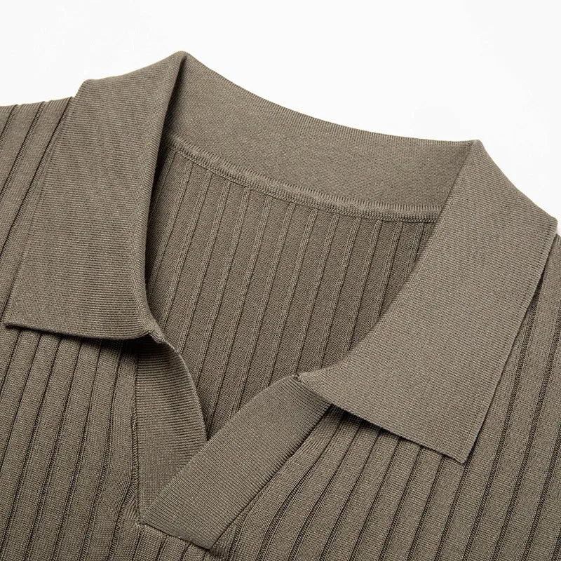Men's striped mulberry silk T-shirt with lapel collar in multiple colour options