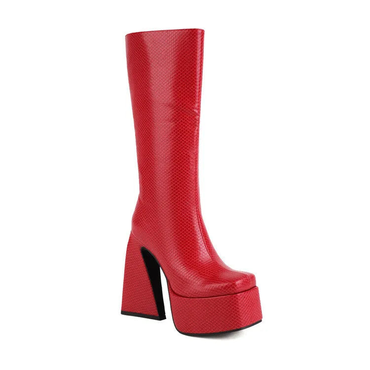 Women's casual high boots in black, red, blue, and white, made from synthetic PU.