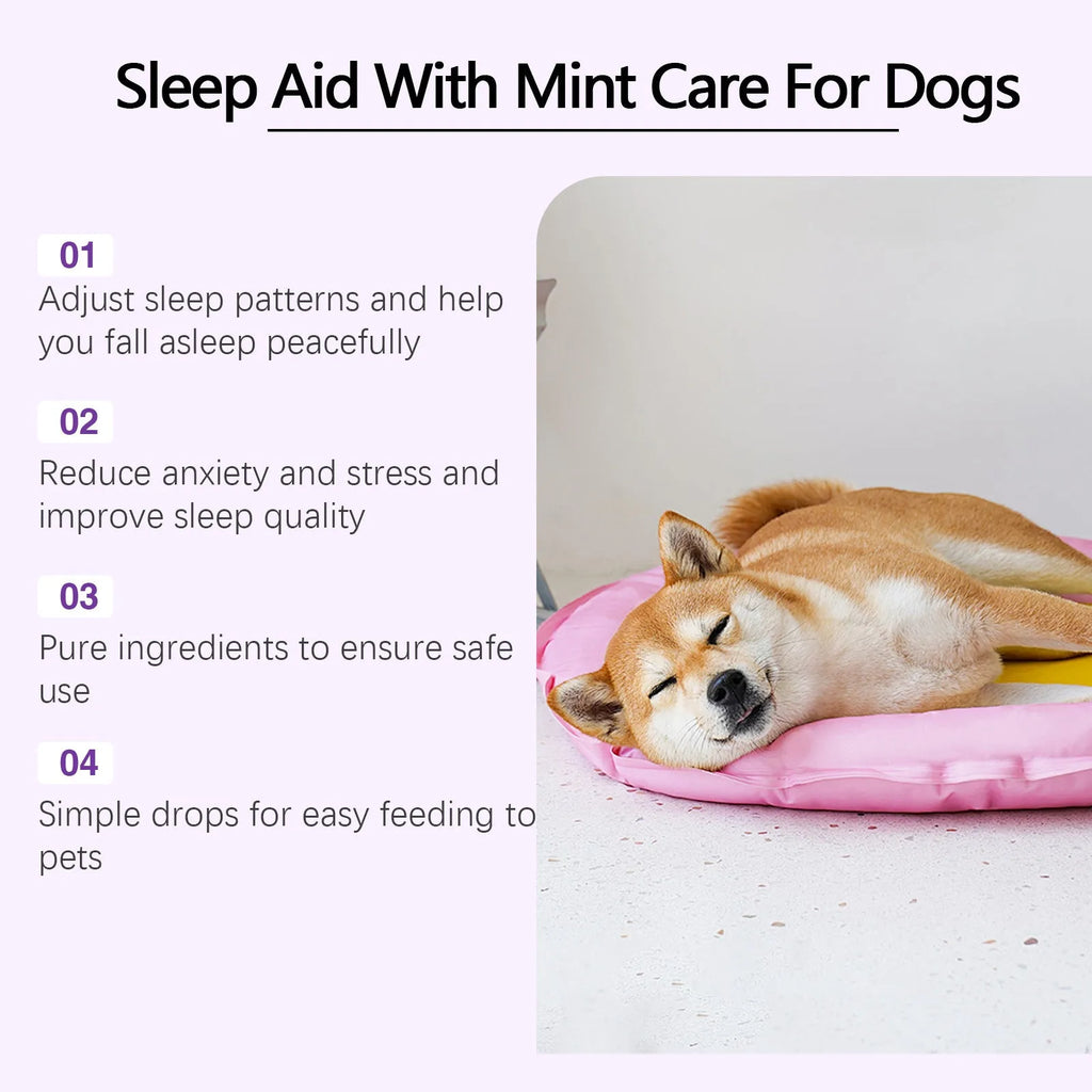 60ml dog sleep drops bottle measuring 3.3cm by 12cm with mint extract nursing supplement