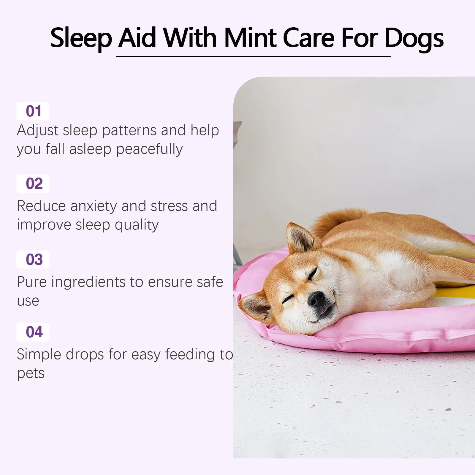 60ml dog sleep drops bottle measuring 3.3cm by 12cm with mint extract nursing supplement