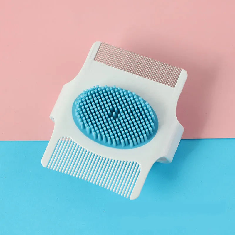Blue multifunctional pet comb with hair removal, massage, and flea removal functions showing dimensions