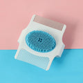 Blue multifunctional pet comb with hair removal, massage, and flea removal functions showing dimensions