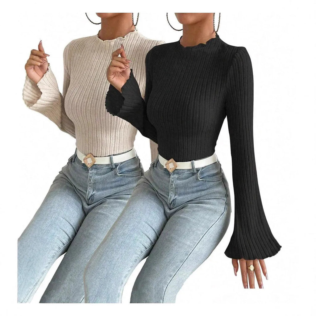 Women's black long sleeve slim fit top with lantern sleeves and round neck
