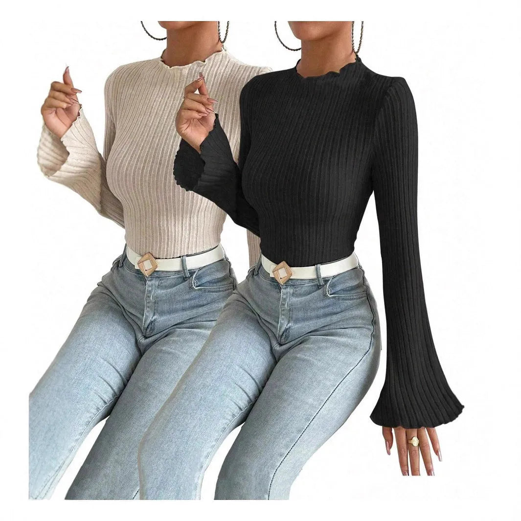 Women's black long sleeve slim fit top with lantern sleeves and round neck