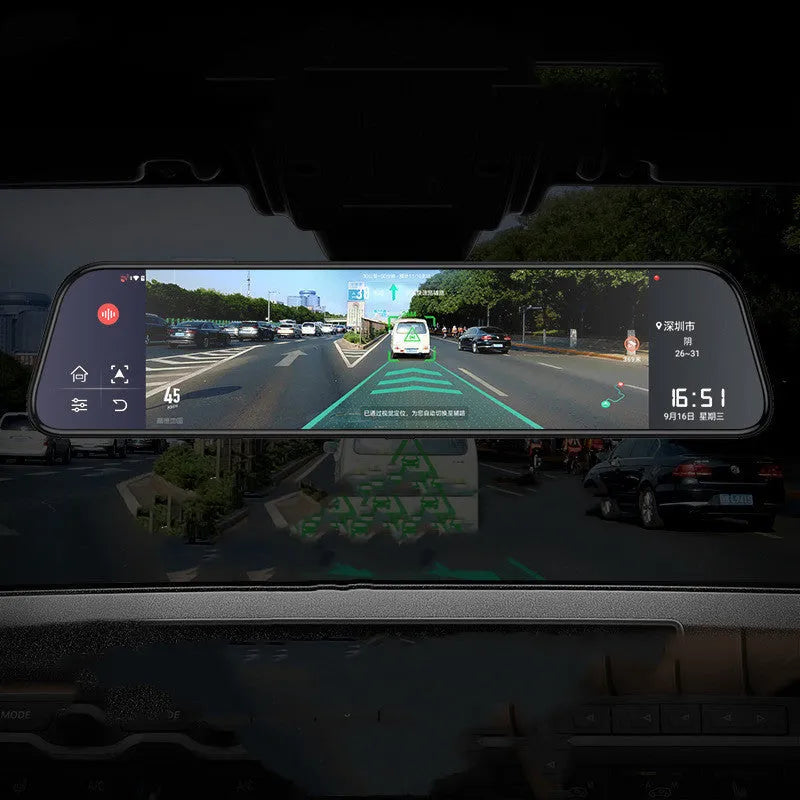 12-inch rearview mirror tachograph dash cam with dual lenses mounted in a car