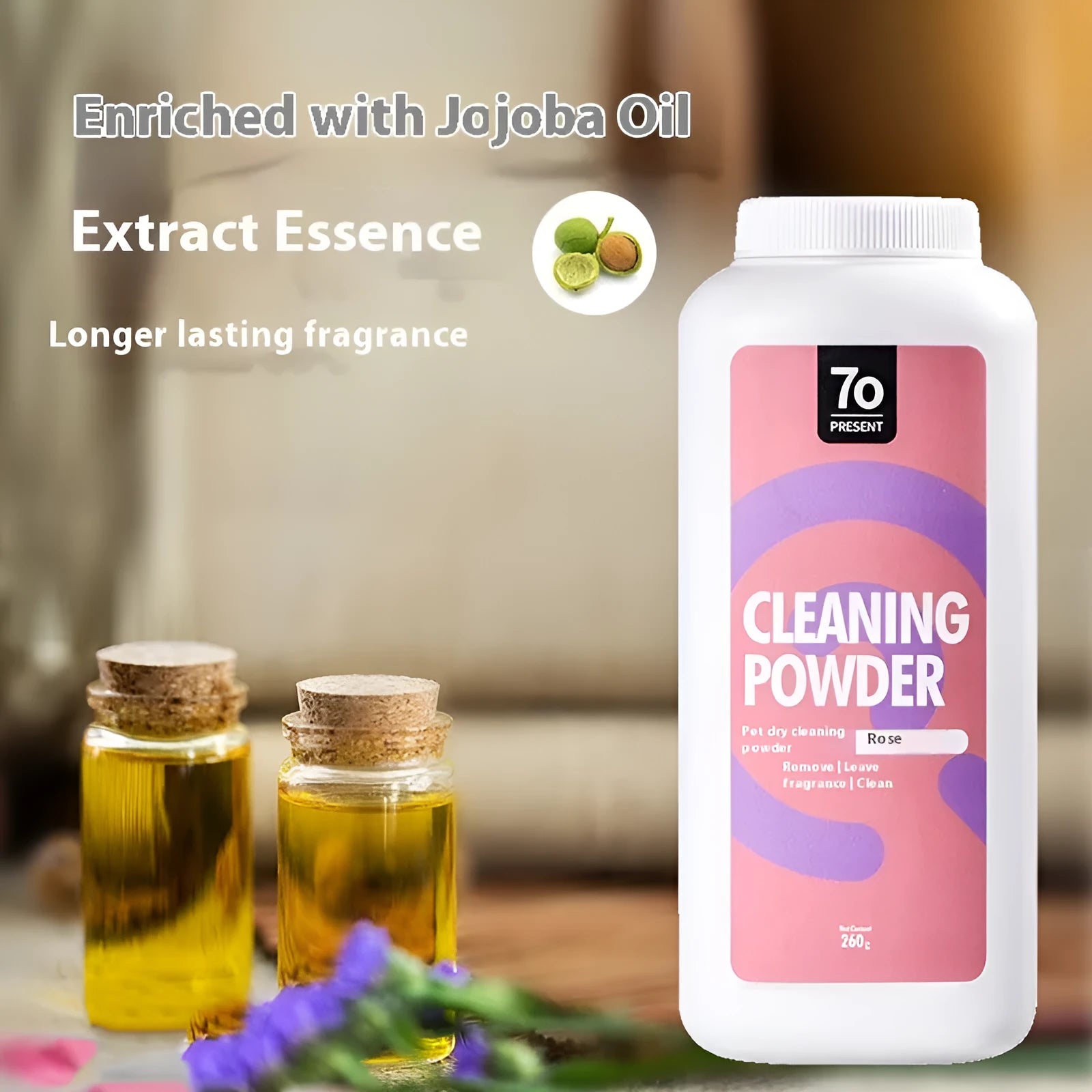 260g bottle of dog dry cleaning powder in Rose, Seville Orange, or Menthol scent for waterless bathing.