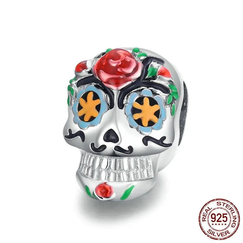 925 sterling silver Halloween skull bead with pumpkin skull motif, platinum plated, 1.8g, 1.3x0.8cm