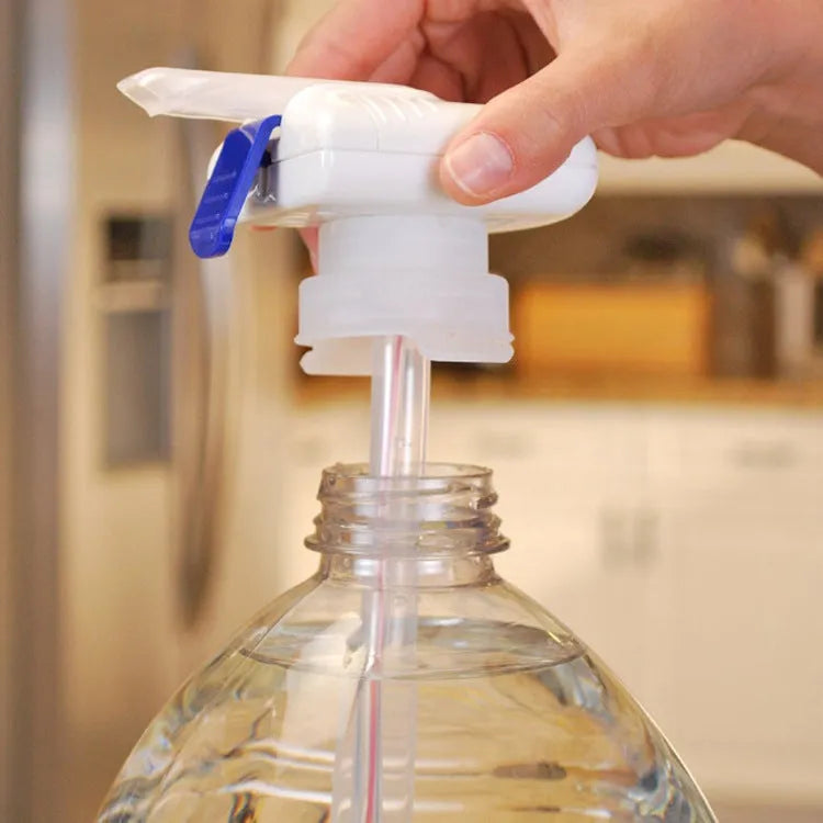 Electric pumping water device with long silicone straw and blue press handle in colour box.