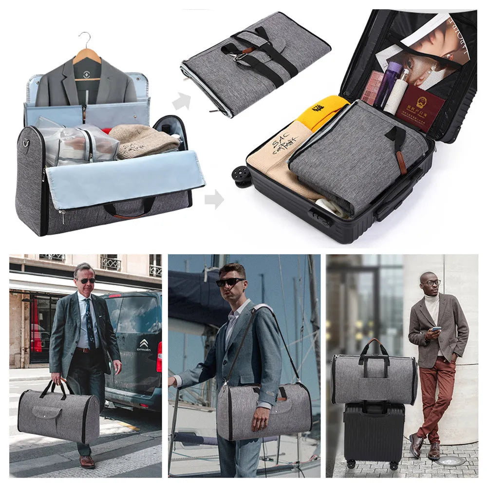 Dark blue folding Oxford cloth duffle bag with handles, shown in a travel setting.