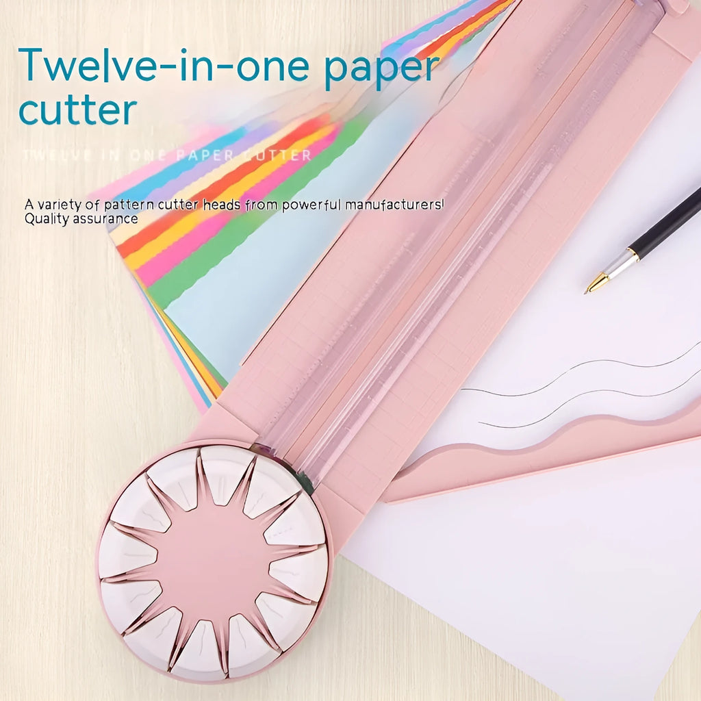 Pink and black 12-in-1 multifunctional plastic paper cutting machine on a white background.