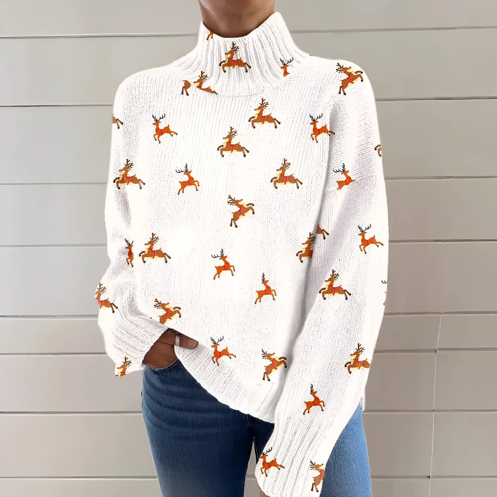 Women's loose fit Christmas printed turtleneck sweater in a macaron colour with a painting pattern design.