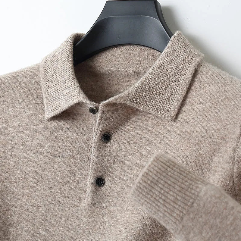 Men's polo collar wool knit sweater in noble blue, shown in a front view.