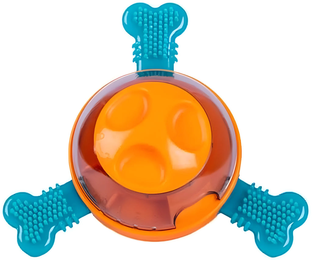 Blue interactive dog puzzle feeder with treat compartments and rubber bones for small medium puppies.