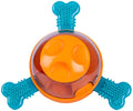 Blue interactive dog puzzle feeder with treat compartments and rubber bones for small medium puppies.