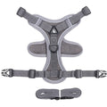 A blue mesh cat harness with adjustable straps and a leash, shown on a white background.