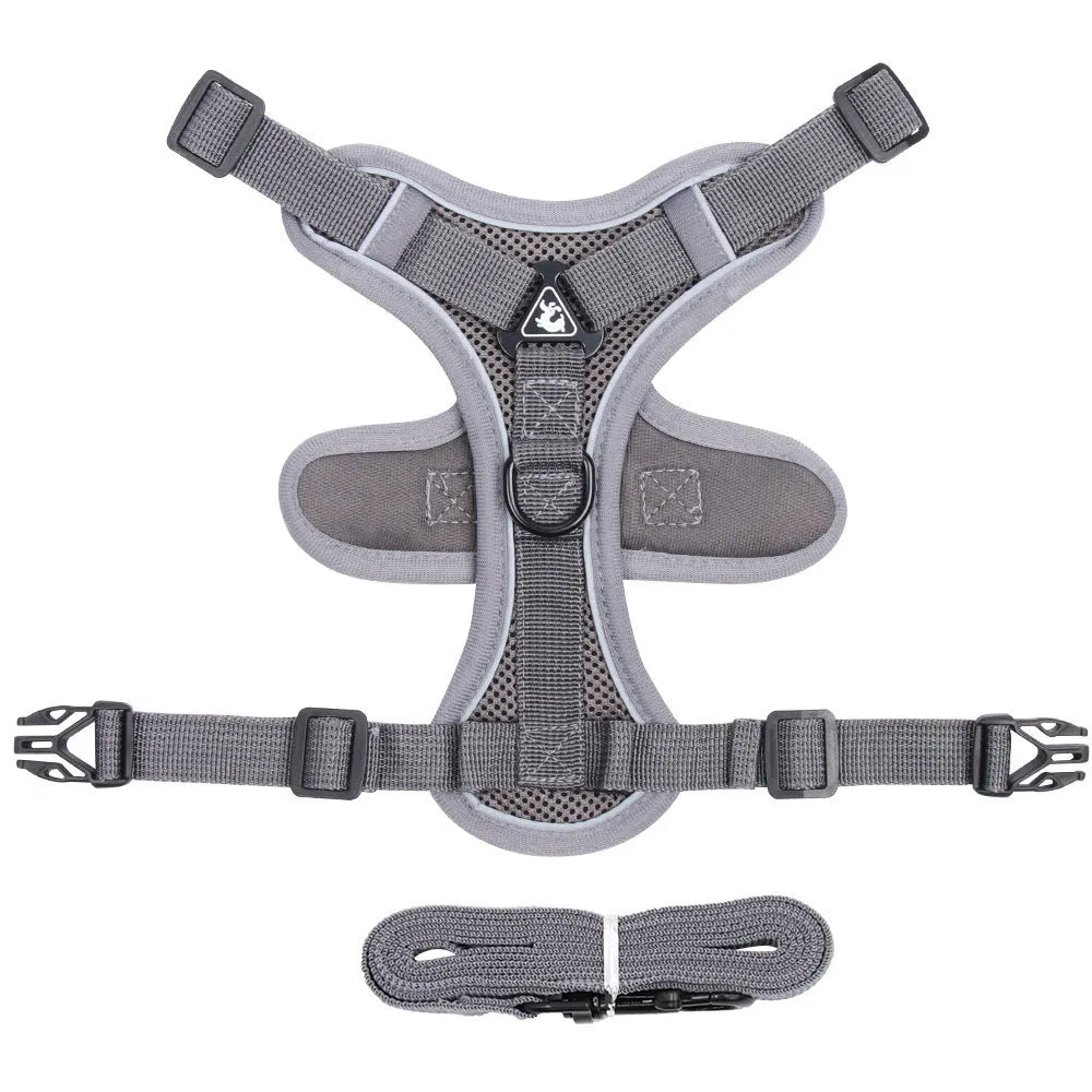 A blue mesh cat harness with adjustable straps and a leash, shown on a white background.