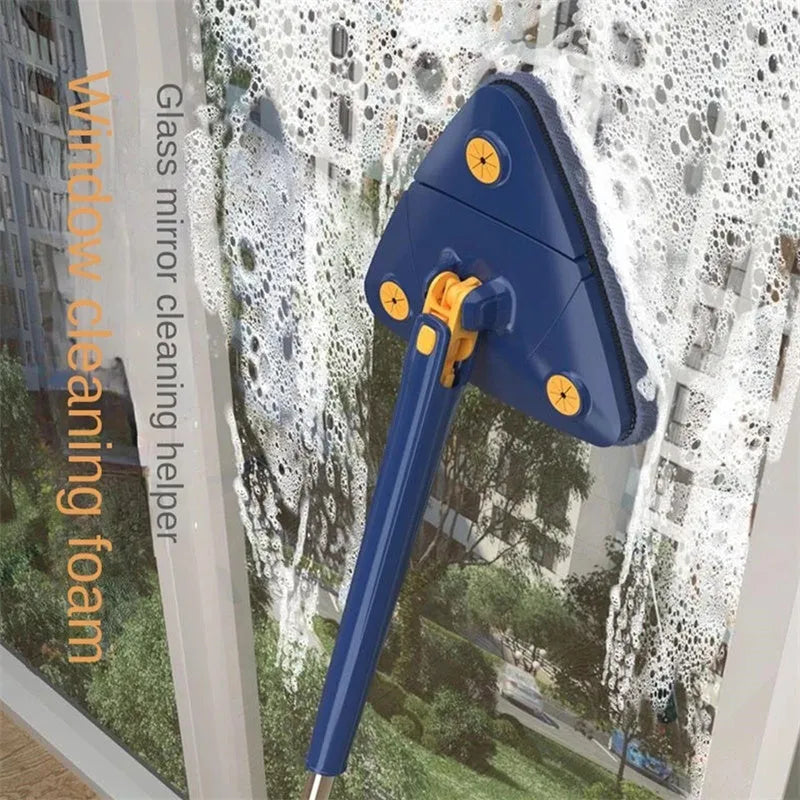 Blue triangle mop with rotating head and extendable stainless steel pole for corner and wall cleaning