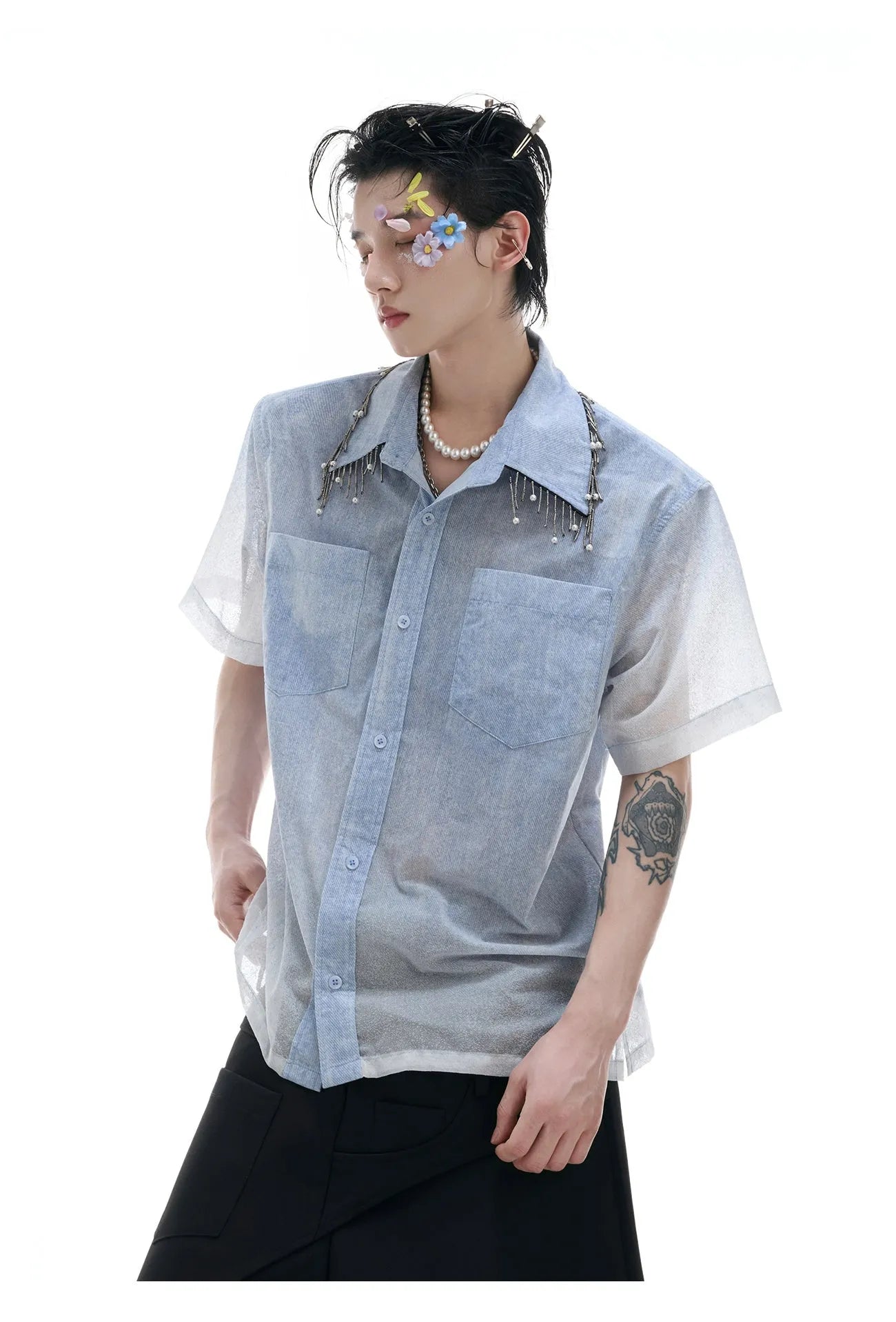 Men's blue and white gradient quilted loose fit short sleeve casual shirt
