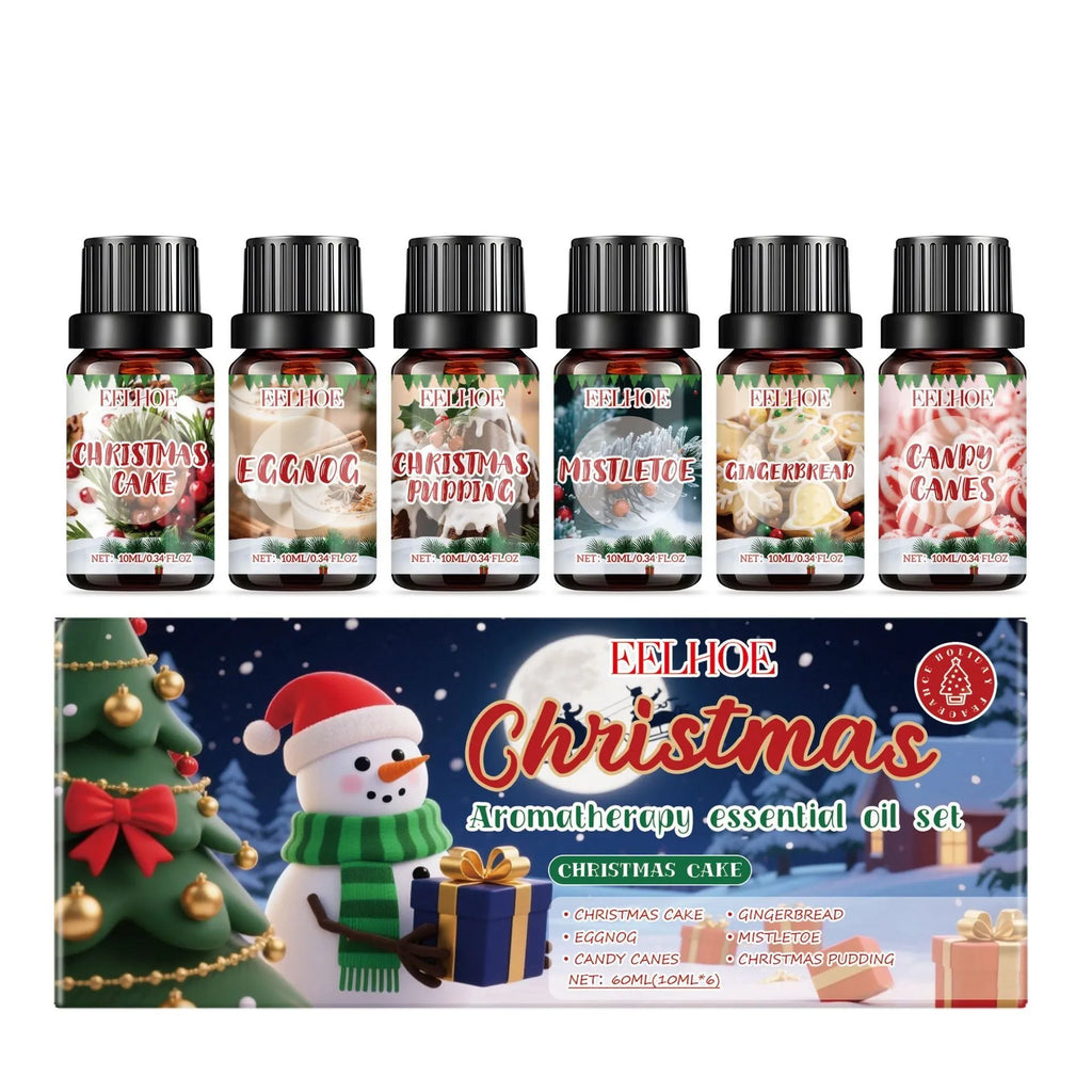 Christmas aromatherapy oil set showing six bottles including one 60ml large bottle with warm home fragrance