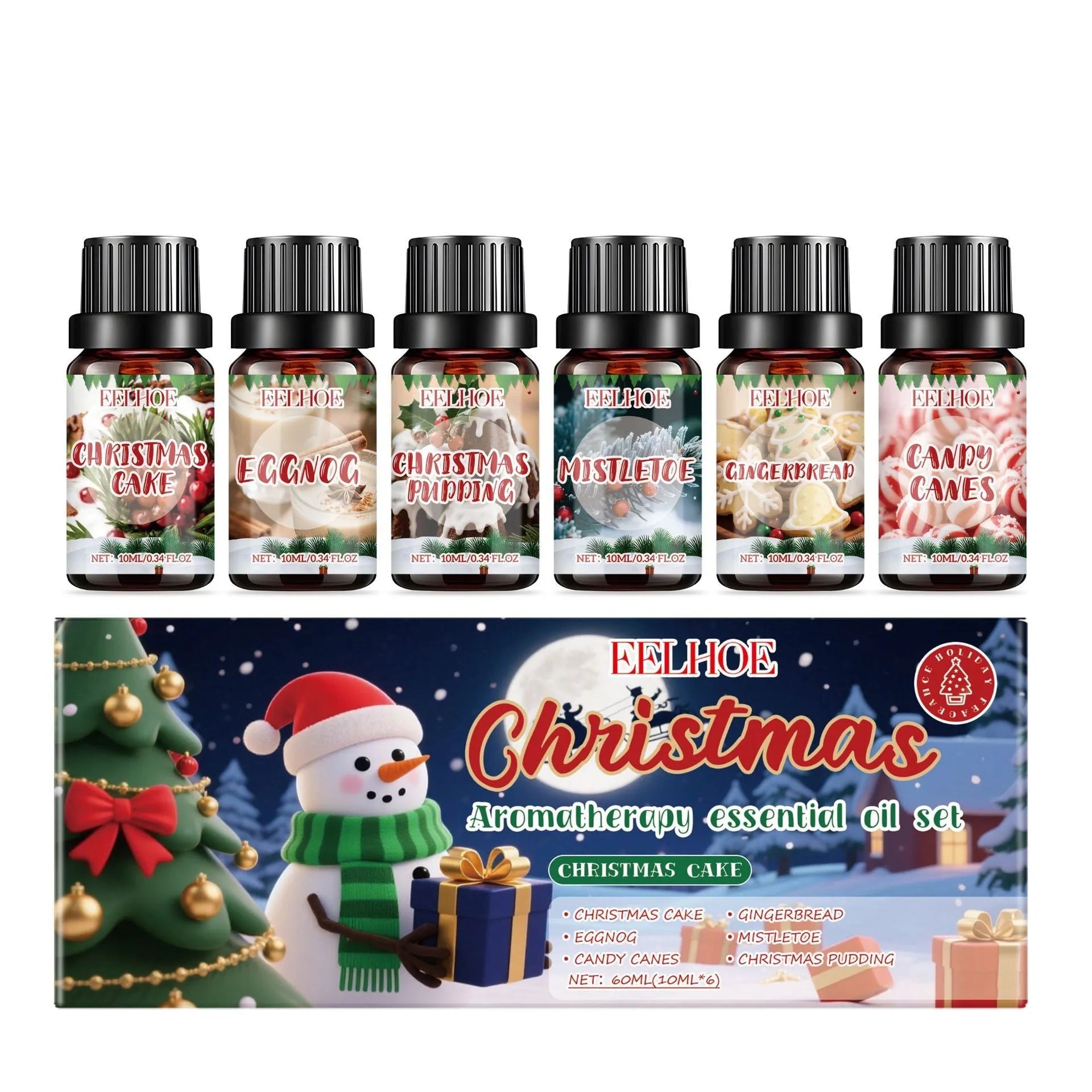 Christmas aromatherapy oil set showing six bottles including one 60ml large bottle with warm home fragrance