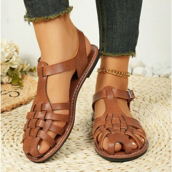 Dark brown women's vintage weave sandals with closed round toe, buckle fastening, and a low-top PU upper.