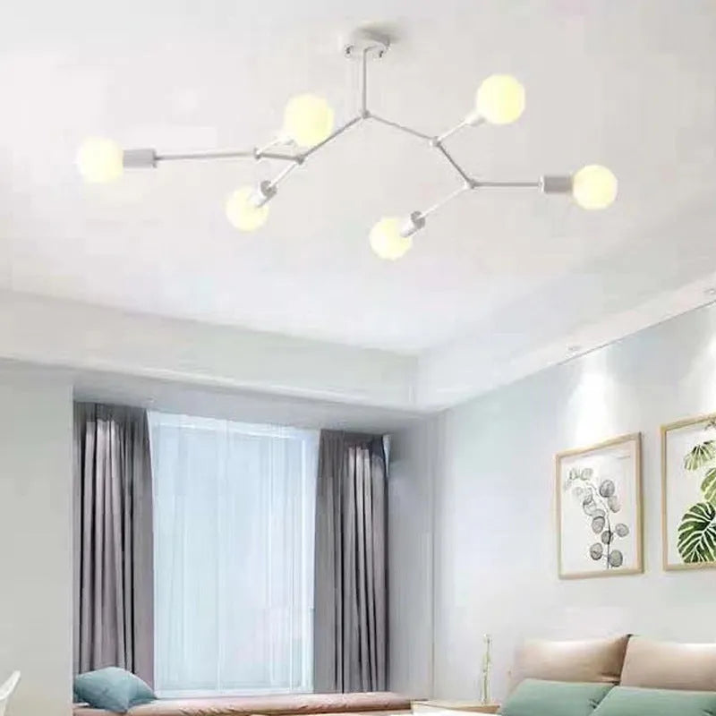 Nordic style black iron chandelier ceiling lamp with six light heads.
