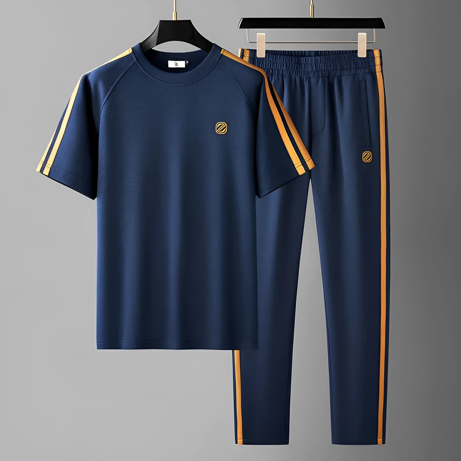 Men's ice silk style short sleeve suit in blue, apricot or black colours with matching top and pants