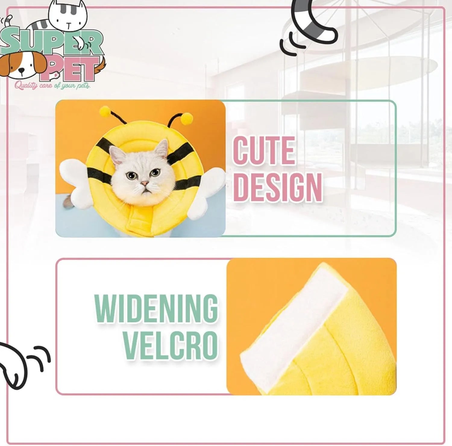 Soft grey cat cone collar with black velcro strap and a cute yellow bee design on the front.