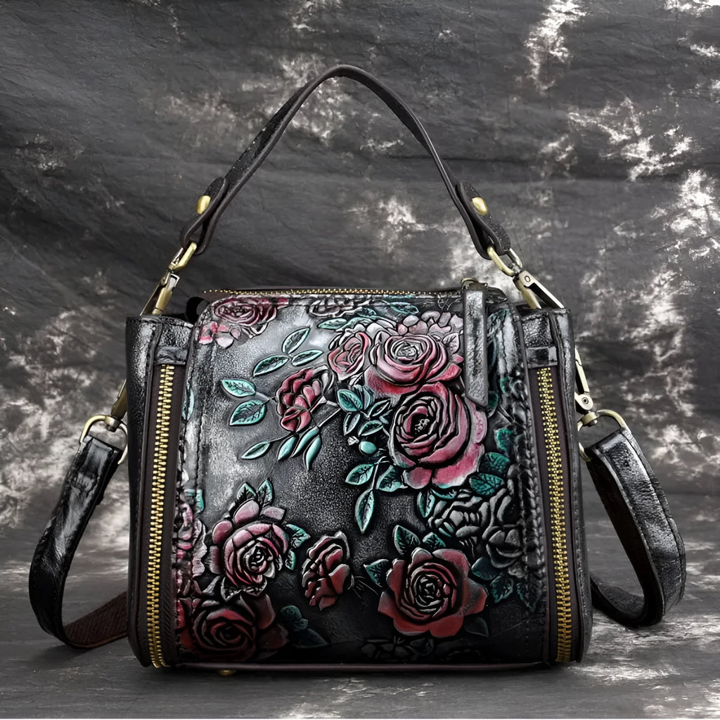 Brown genuine leather women's shoulder bag showing internal organisation compartments and vintage styling
