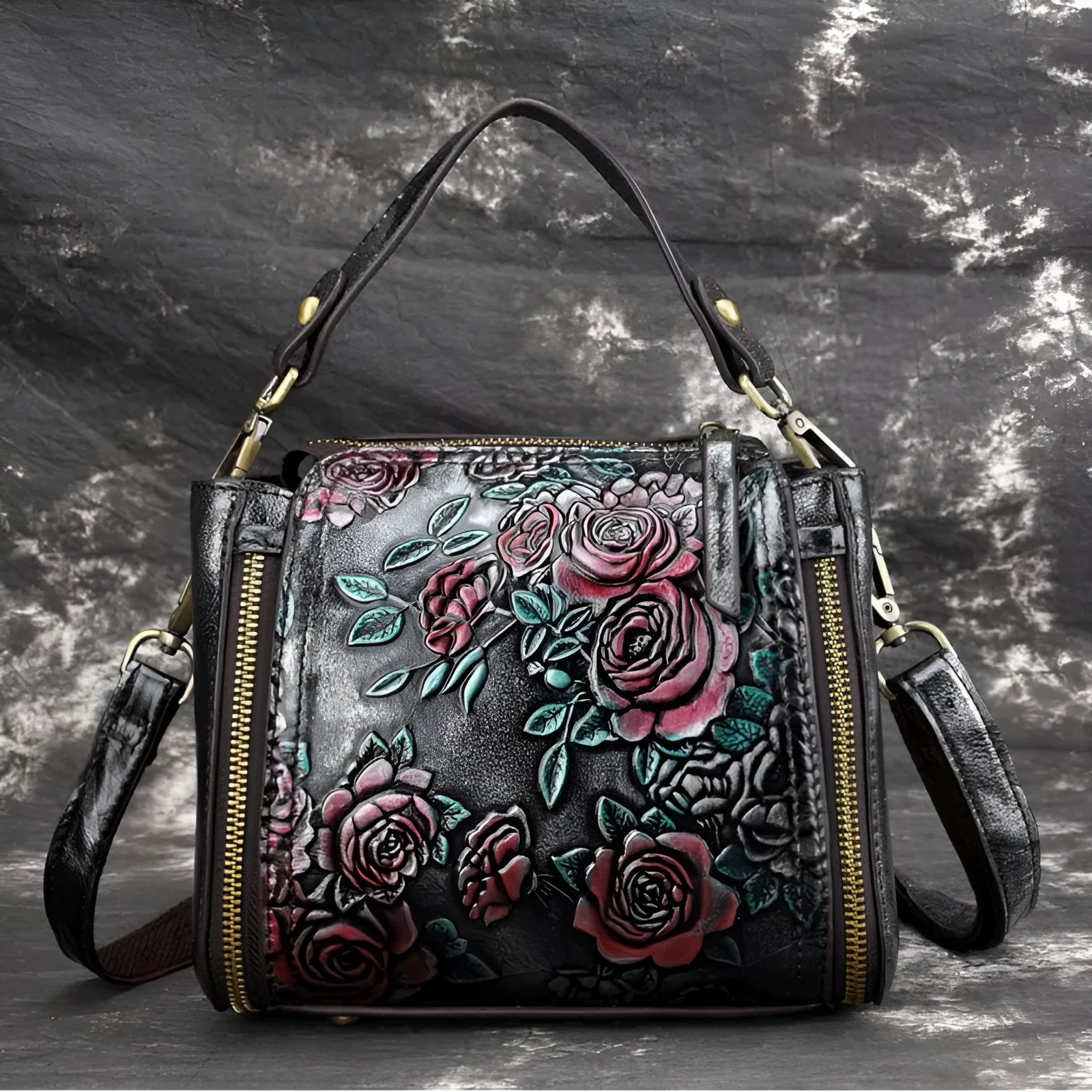 Brown genuine leather women's shoulder bag showing internal organisation compartments and vintage styling