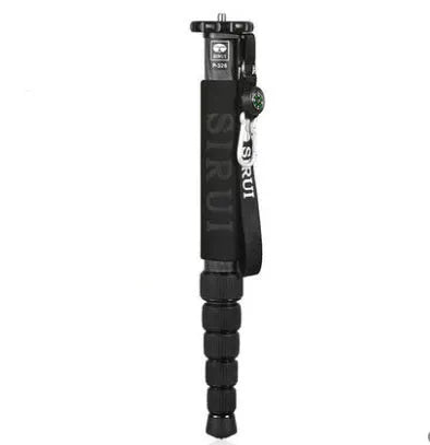 Black carbon fibre telescopic monopod for SLR cameras, shown at full extension.