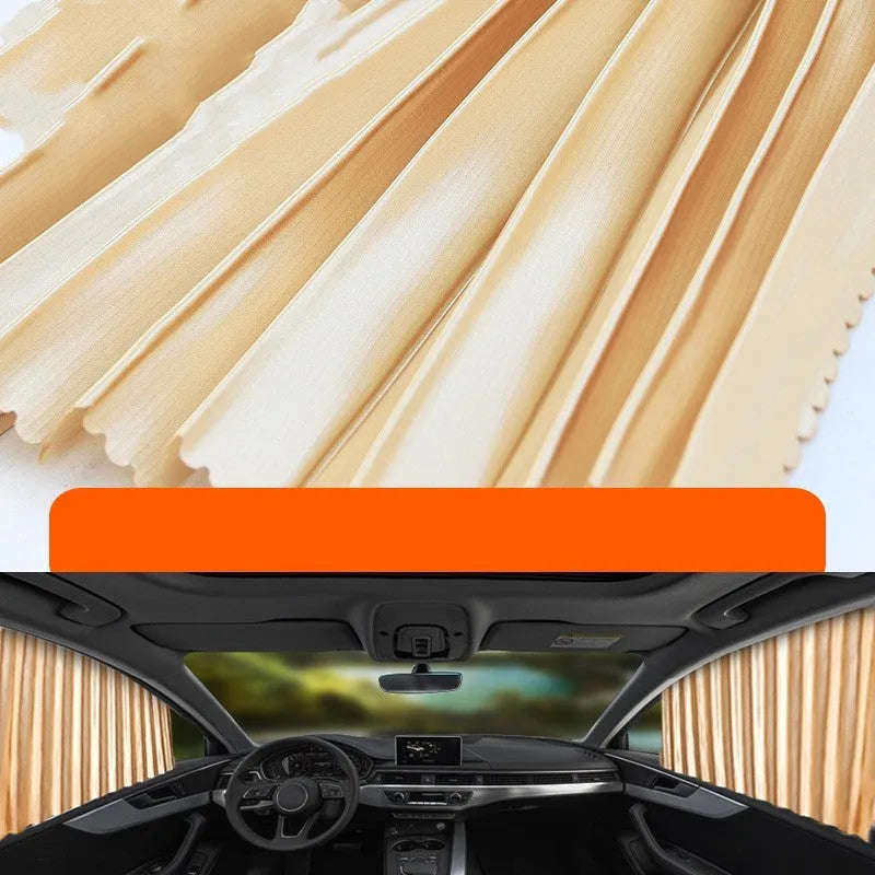 Auto retractable car sun curtain with roller shutter mechanism in black colour extended over vehicle window