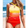 Gradient blue cross strap backless heap pleated polyester swimsuit for women swimming and wading