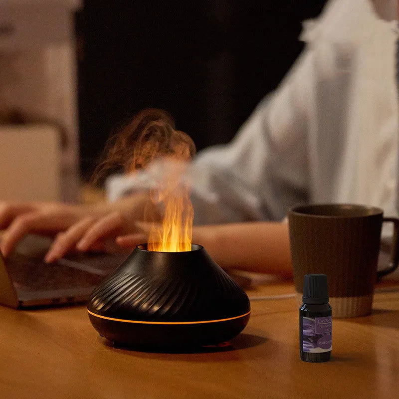 Volcanic flame design aroma diffuser with colour-changing LED light and water mist emission