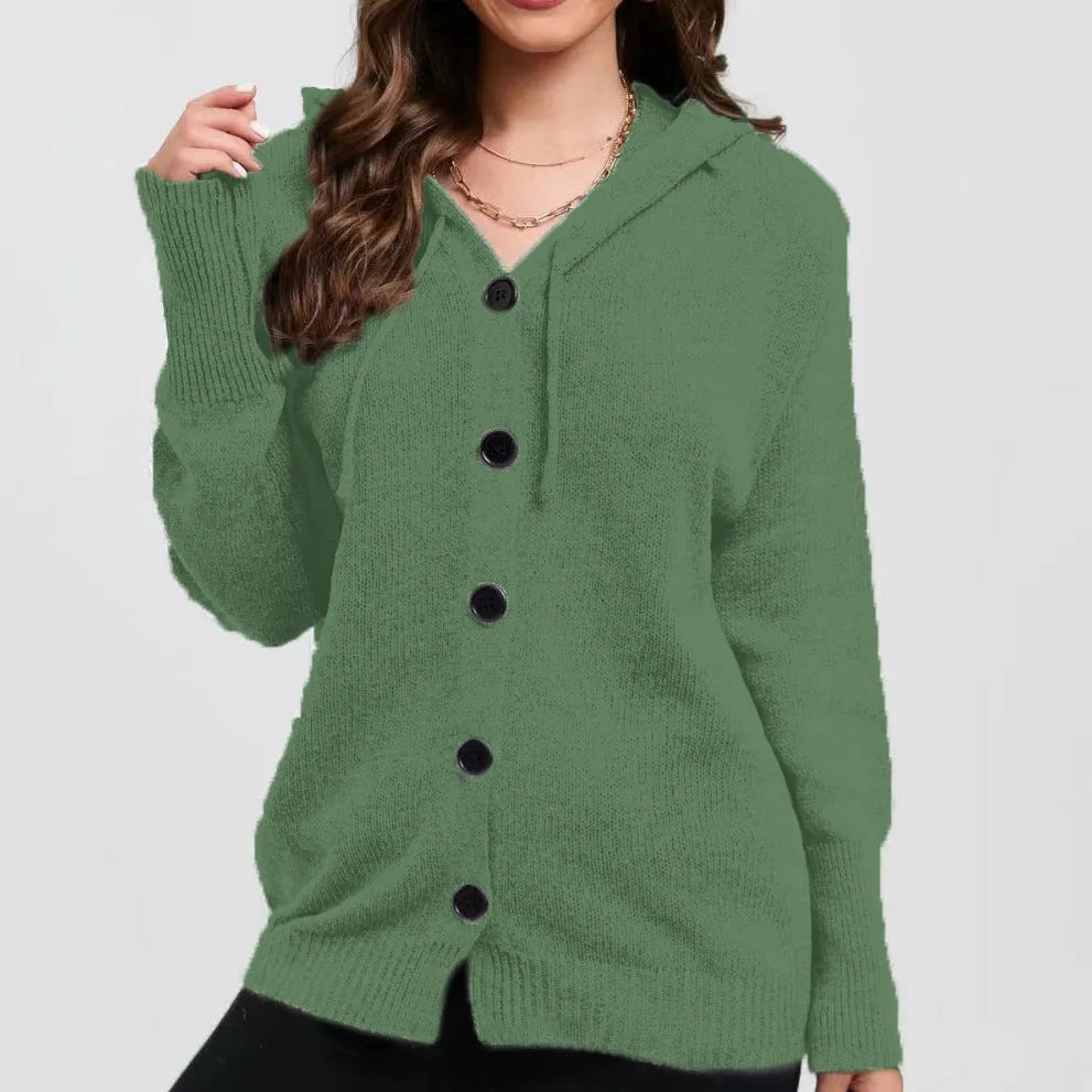 Women's loose fit hooded cardigan in solid colours including army green and sapphire blue.