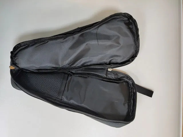 Black cloth storage bag for mobile phone stabiliser accessories showing compact size