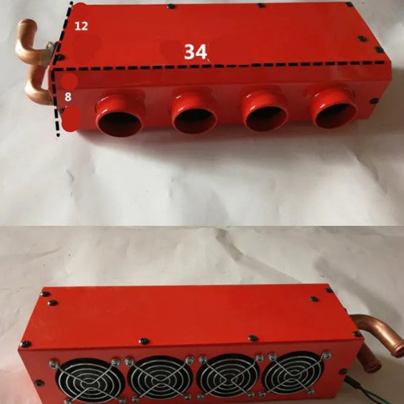 Compact metal car heater with copper pipe connections for 12V or 24V vehicle installation.