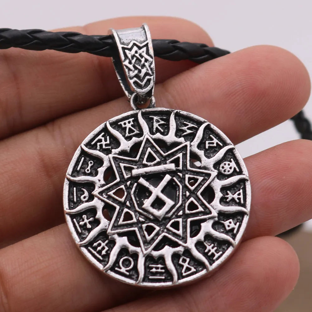 Lunavin ODing logo alloy pendant necklace with adjustable chain and leather rope in antique silver finish